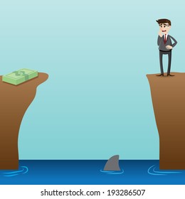 illustration of cartoon desperate businessman looking at money