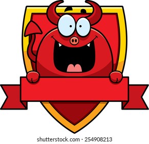 An illustration of a cartoon devil in a badge design.