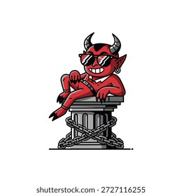 Ilustração de um personagem de desenho animado do diabo com pele vermelha, chifres e óculos de sol, casualmente descansando em um pedestal envolto em correntes. O diabo sorri travesso.