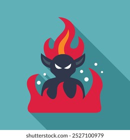 Illustration of a cartoon devil character surrounded by flames with a long shadow