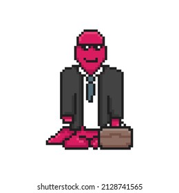 Illustration of a cartoon dino character in business suit in pixel art style