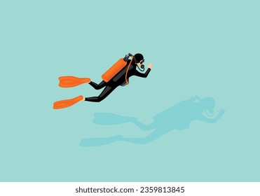 Illustration Cartoon divers with shadow, underwater scuba diving sport vector characters. swimming in deep ocean or sea waters with diving mask, helmet, wetsuits, flippers and gloves