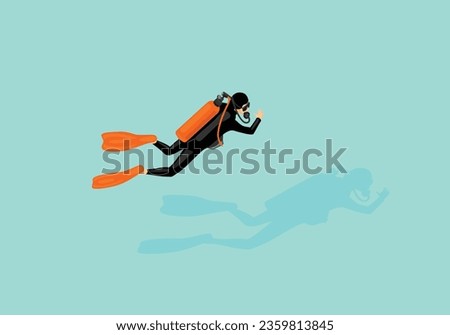 Illustration Cartoon divers with shadow, underwater scuba diving sport vector characters. swimming in deep ocean or sea waters with diving mask, helmet, wetsuits, flippers and gloves
