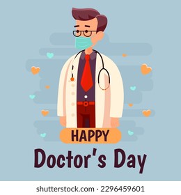 Illustration with a cartoon doctor. Banner for national doctor's day celebration. Medicine. Flat design for social media, poster, banner, vector