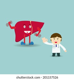 Illustration cartoon of doctor doing okay sign with healthy liver.