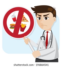 illustration of cartoon doctor with junk food prohibit signage