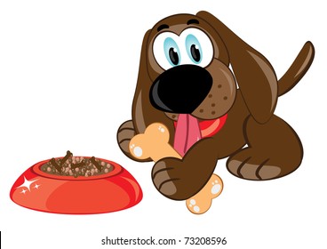 Illustration of a cartoon dog with a bone and bowl