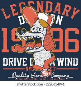 Illustration cartoon dog with cap and text varsity Legendary with cool colors Fashion college design