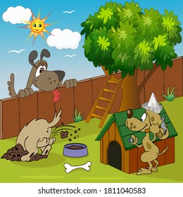 Illustration of a cartoon dog house, kennel near a fence with dogs and a tree.
