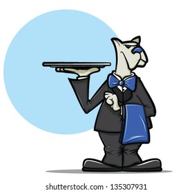 Illustration of a cartoon dog wearing a tuxedo and holding a server tray