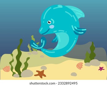 Illustration of a cartoon dolphin under water. Underwater world with a funny dolphin. A dolphin in its habitual habitat. Children's illustration, printing for children's books