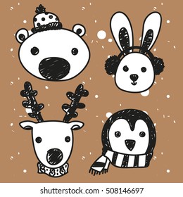 Illustration cartoon doodle cute winter animals bear, rabbit, deer and penguin in sketch style, wear hat, scarf and earmuffs, isolated on background, Christmas and New Year card, vector eps 10