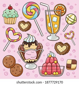 Illustration of cartoon doodle desserts