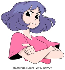 illustration of a cartoon doodle drawing, a beautiful woman with short hair is expressing anger and holding back emotions