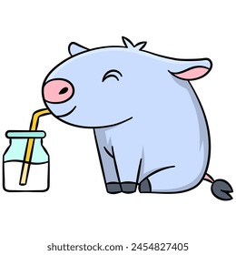 illustration of a cartoon doodle drawing of cute animal characters, A fat piglet has a happy face drinking milk from a glass straw