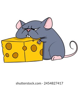 illustration of a cartoon doodle drawing of cute animal characters, A little mouse with a greedy face was enjoying a piece of delicious cheese