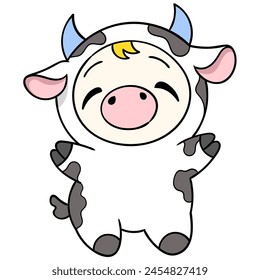 illustration of a cartoon doodle drawing of cute animal characters, a dairy cow dancing happily to welcome the harvest season celebration