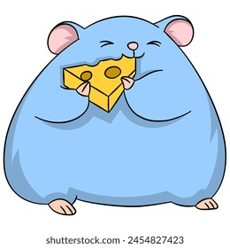 illustration of a cartoon doodle drawing of cute animal characters, Fat mice are eating cheese snacks at night