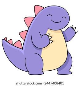 Illustration of a cartoon doodle drawing, a fat purple dinosaur laughing happily, showing a thumbs up sign of liking