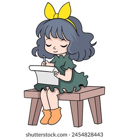 illustration of a cartoon doodle drawing of a hobby activity, a young girl is sitting holding paper writing a novel