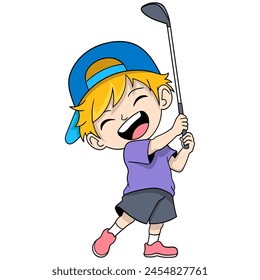 illustration of a cartoon doodle drawing of sports activities, young man is holding a golf club happily making a long shot ready to win