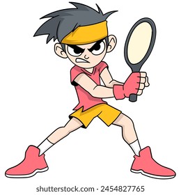 illustration of a cartoon doodle drawing of sports activities, A young man with a serious face is holding a racket with a stance ready to face a smash from his opponent