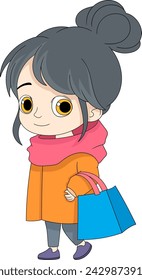 illustration of a cartoon doodle emblem, people like shopping, girls are walking in winter carrying totebags, creative drawing 