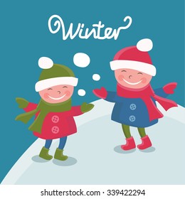 Illustration cartoon doodle girls in winter.Vector