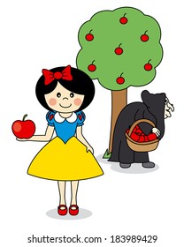 illustration of Cartoon doodle story. snow white little girl with poison apple