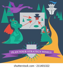 illustration with cartoon dragons planning to capture the royal castle in the trendy flat style for use in design for card, invitation, poster, banner, placard or billboard cover