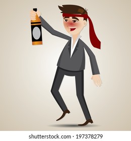 illustration of cartoon drunk businessman with alcohol bottle in relaxing concept