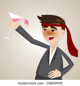 illustration of cartoon drunk businessman with glass of cocktail