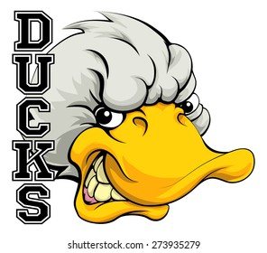 An illustration of a cartoon duck sports team mascot with the text Ducks