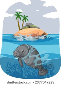 Illustration of a cartoon dugong expressing sadness in a sea polluted with plastic