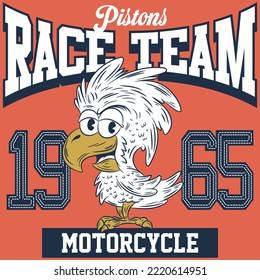 Illustration cartoon eagle with text college First Division and cool background, varsity style.
