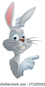 Illustration of a cartoon Easter rabbit pointing at sign or banner 