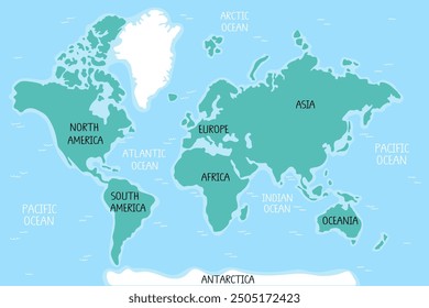 An illustration of cartoon educational world map for children. Banner and poster for nursery. America, Europe, Asia, Africa, Oceania, Antarctica.