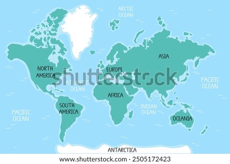 An illustration of cartoon educational world map for children. Banner and poster for nursery. America, Europe, Asia, Africa, Oceania, Antarctica.