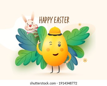 Illustration Of Cartoon Egg With Rabbit And Leaves Decorated Background For Happy Easter Concept.