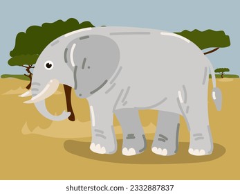 Illustration of a cartoon elephant in thesafari, desert. Savannah with a funny big elephant. A grey elephant in its habitat. Children's illustration, printing for children's books