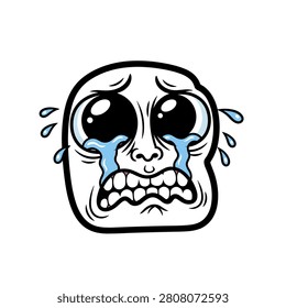 Illustration of a cartoon face showing intense sadness with wide eyes, clenched teeth, and streams of tears, set against a white background
