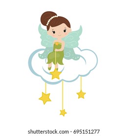 Illustration with cartoon fairy sitting on the cloud.