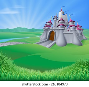 An illustration of a cartoon fantasy fairytale medieval castle in a landscape of a rolling hills