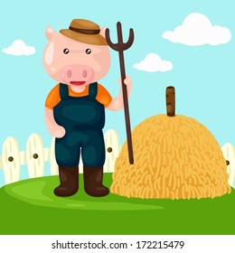 illustration of cartoon farm pig with pitchfork