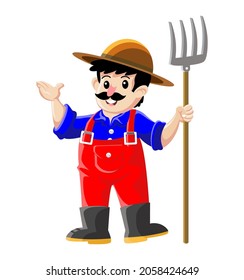 Illustration of Cartoon farmer holding a pitchfork.Vector