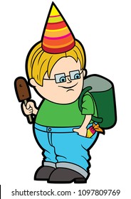 Illustration cartoon fat boy with a backpack, in a holiday paper cone hat 