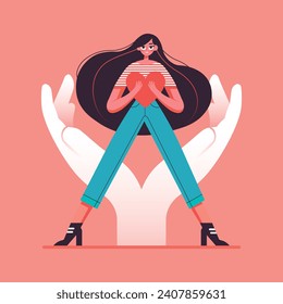illustration of a cartoon female character holding a heart, young woman standing on a giant palms of hands, plain pink background. St. Valentine's day concept