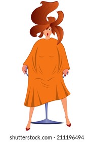 Illustration of cartoon female character isolated on white. Cartoon  woman sitting in the chair in orange robe and hair up. 