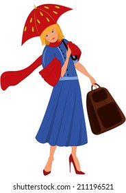 Illustration of cartoon female character isolated on white. Cartoon woman in blue coat with red umbrella. 