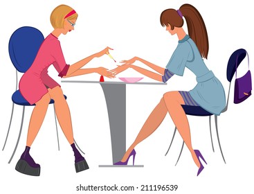 Illustration of cartoon female character isolated on white. Cartoon  woman manicurist applying nail polish to the client. 